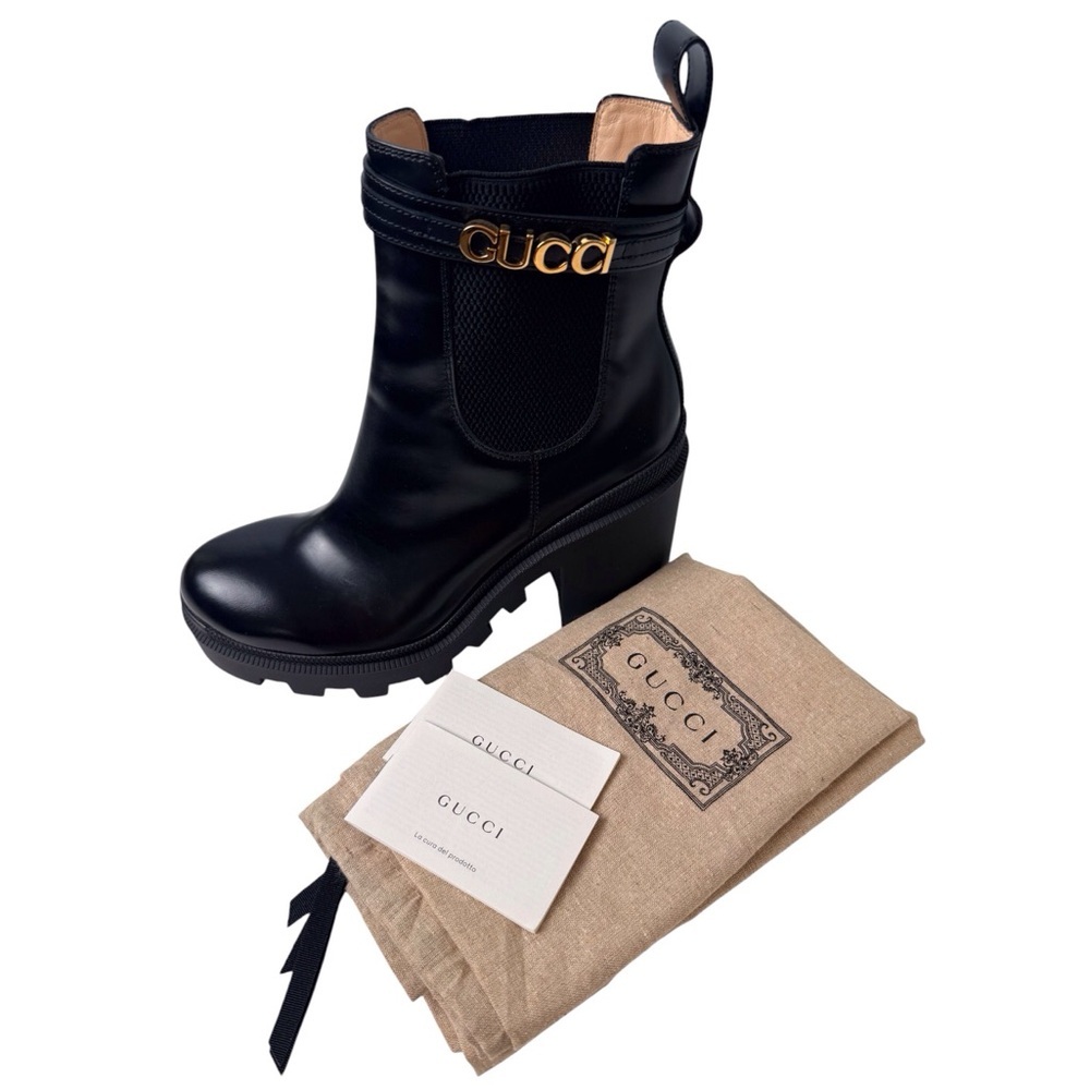 Gucci Women’s Chelsea Leather Lug Boot w/ Gold Logo Strap Size-US 9/EUR 39 NIB - Picture 7 of 17